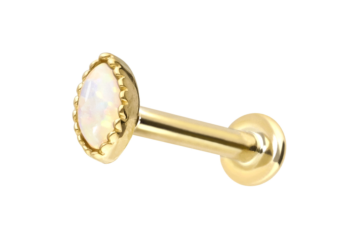 14 Karat Gold Labret Piercing mit Push Fit OVALER SYNTHETISCHER OPAL